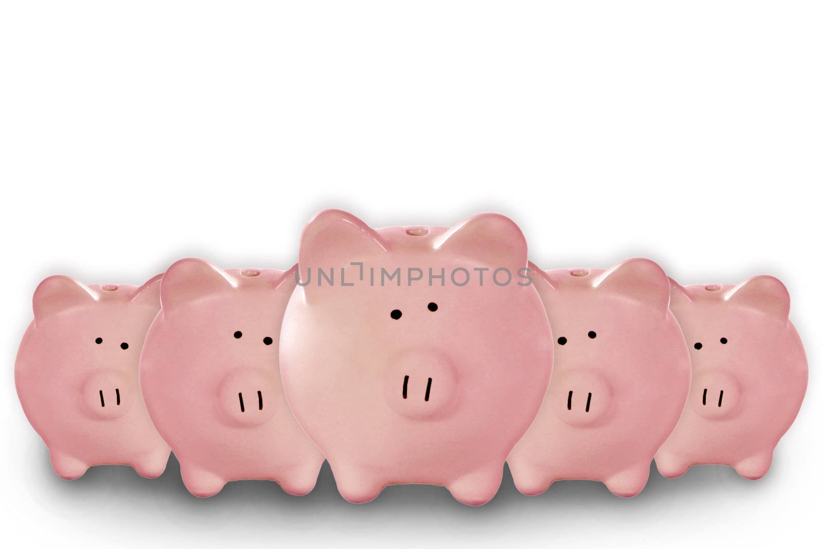 5 Piggy Banks Lined up Waiting for Your Savings