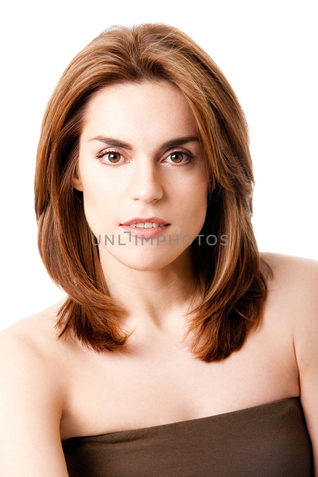 Beautiful brunette face, natural and pure, isolated