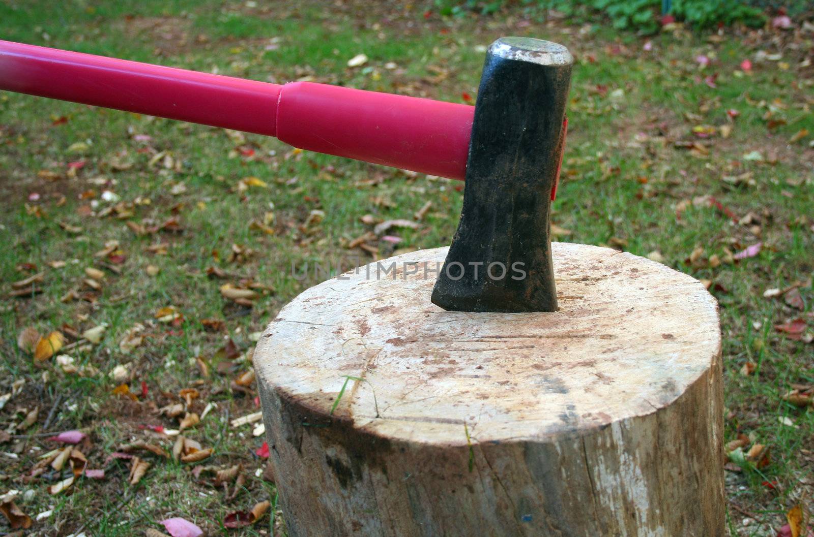 A Wood splitting ax in a log