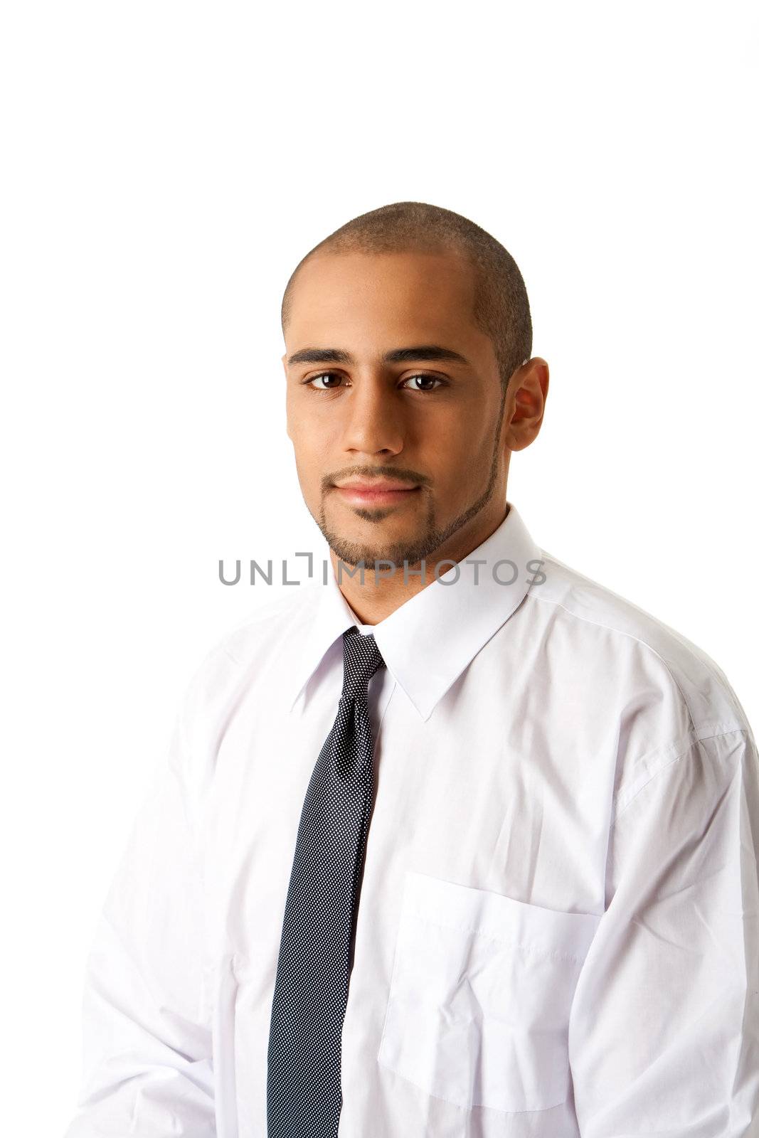 Torso of a handsome African Hispanic business man in white shirt and gray tie, isolated