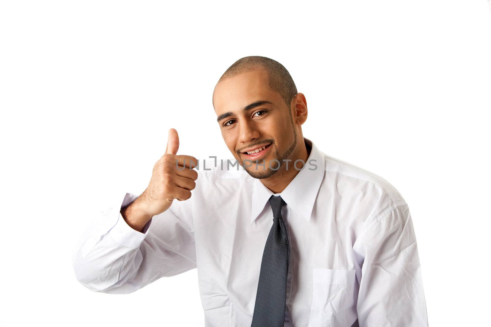 Torso of a handsome African Hispanic business man in white shirt and gray tie and thumb up, isolated
