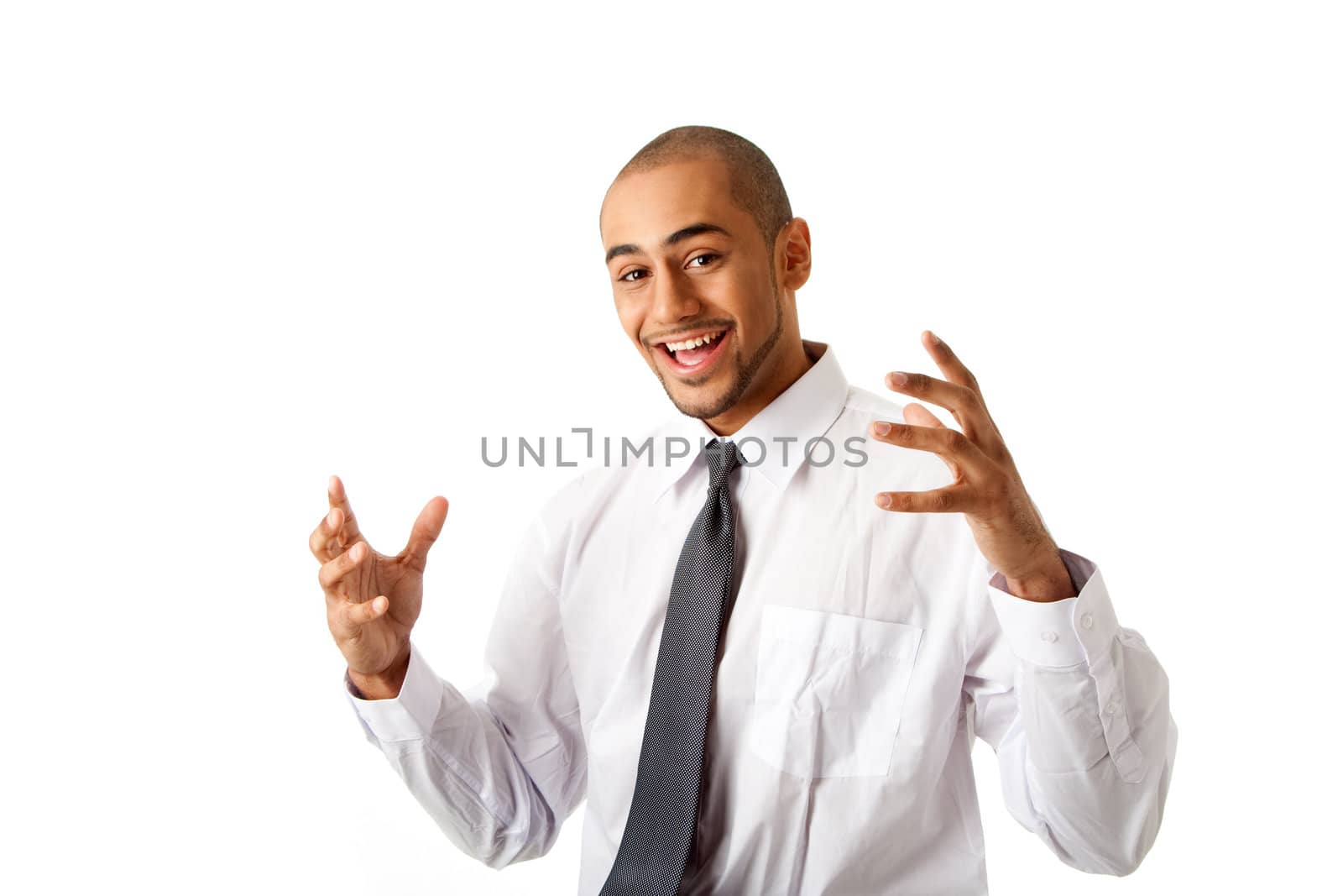 Torso of a handsome happy African Hispanic business man in white shirt and gray tie and hands up, isolated