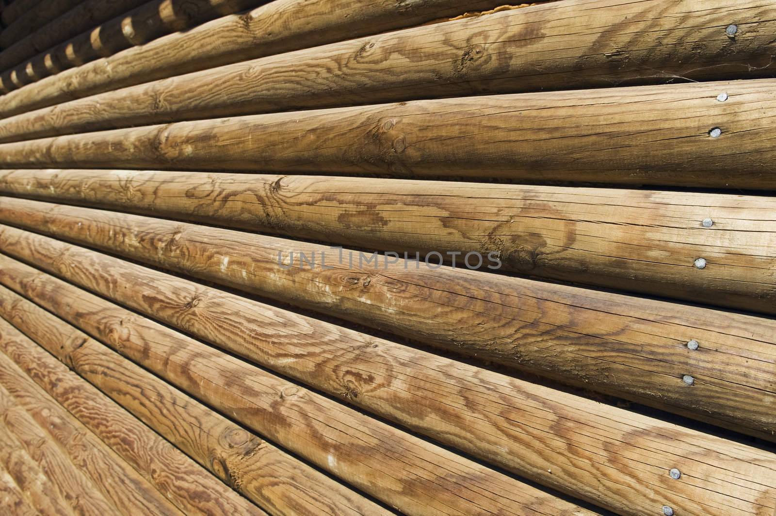 Perspective detail of the exterior of a log wall
