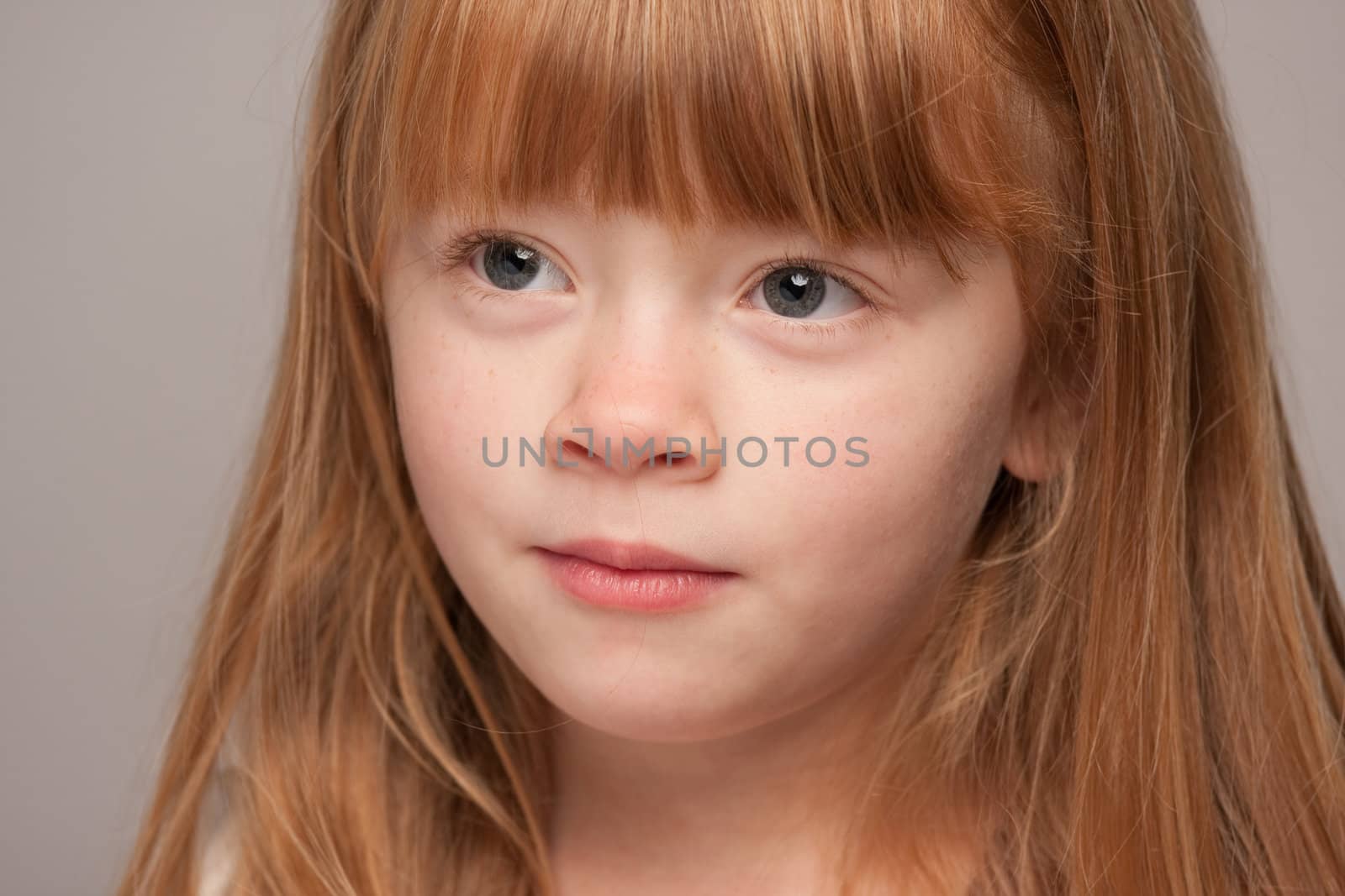 Portrait of an Adorable Red Haired Girl on a Grey Background.