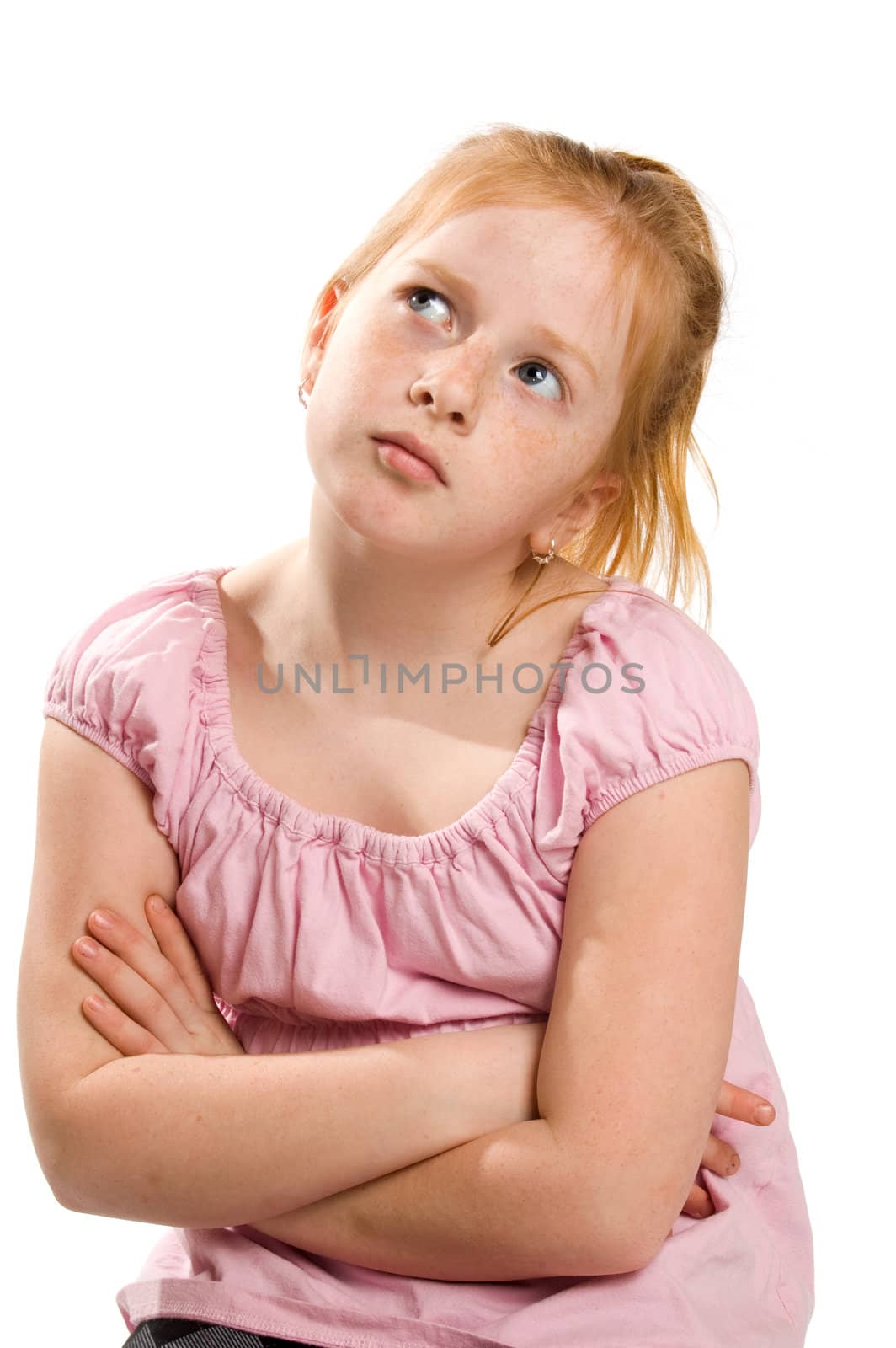 portrait of a young thinking girl, isolated on white
