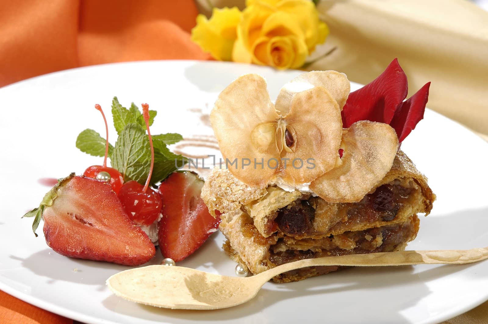 luxurious dessert is a meat loaf with filling and saccharine fruit