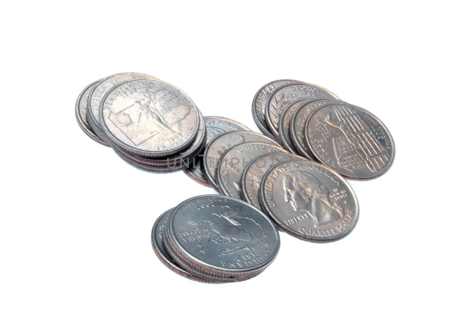 Stacks of US Quarters, isolated on a white background