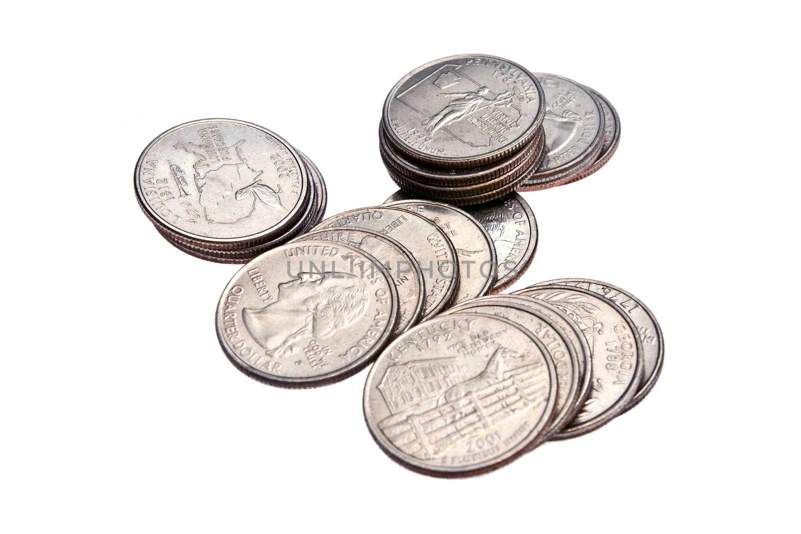 Stacks of US Quarters, isolated on a white background
