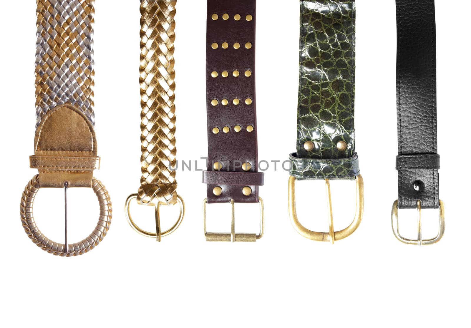 5 different belts isolated on white background