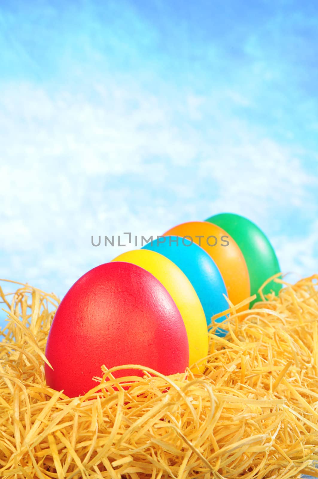 five painted eggs on a straw on a clear sky background