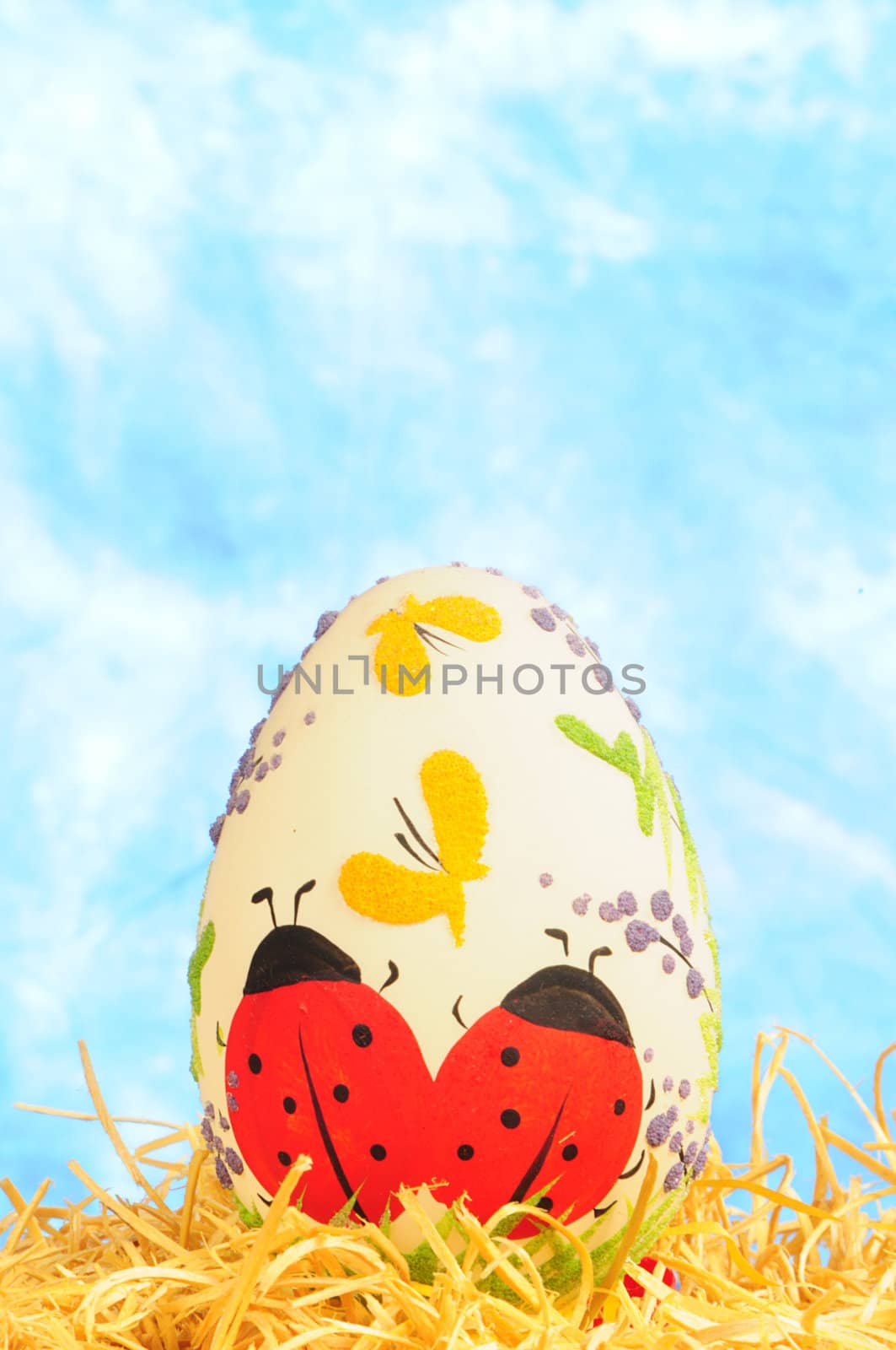 easter egg in yellow straw on blue background
