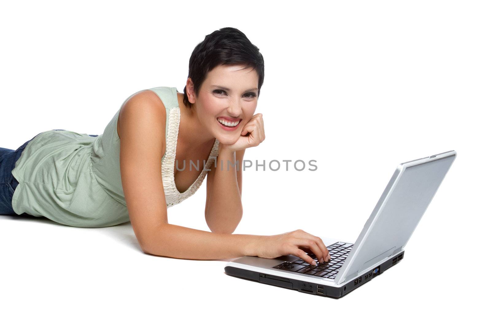 Smiling isolated laptop computer woman