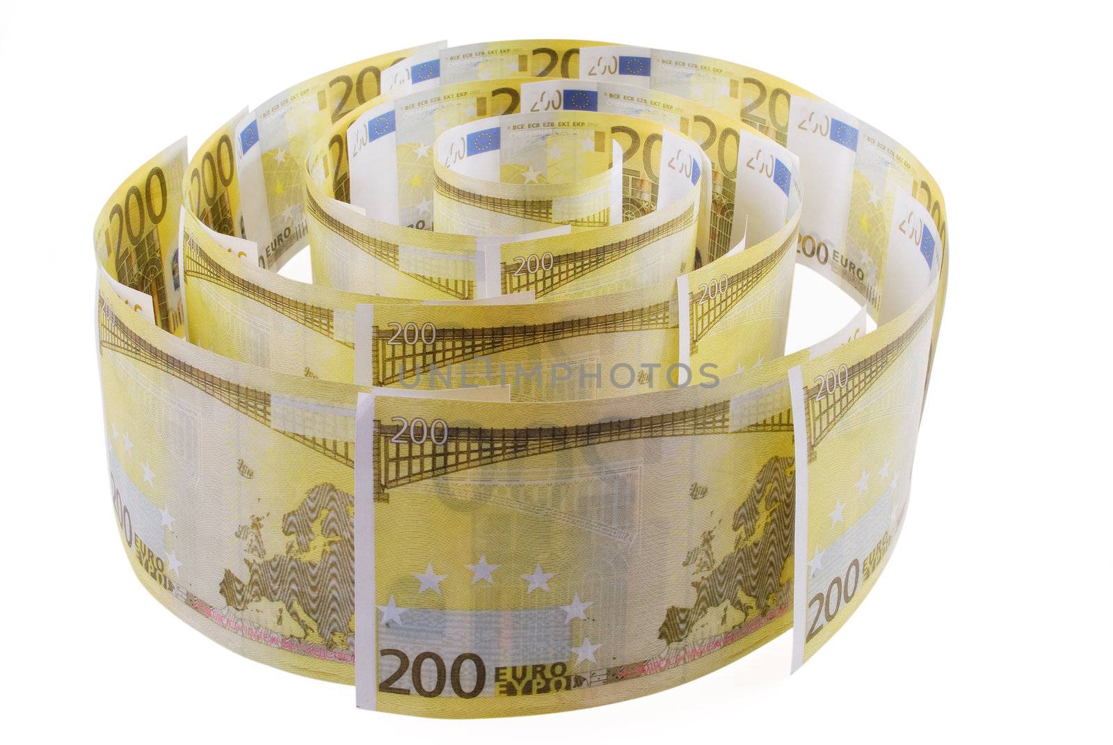 Spiral of 200 euro banknotes on the white background