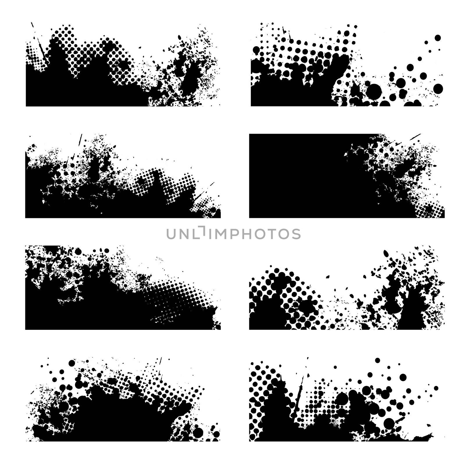 Black ink grunge with halftone dot and eight variations
