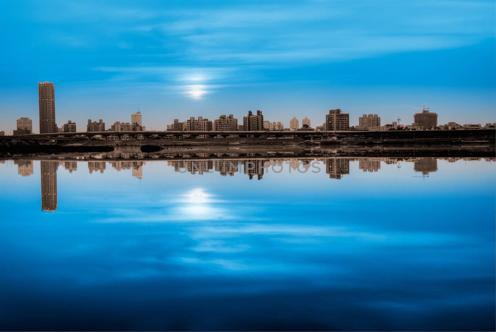 It is a city landscape of blue night.