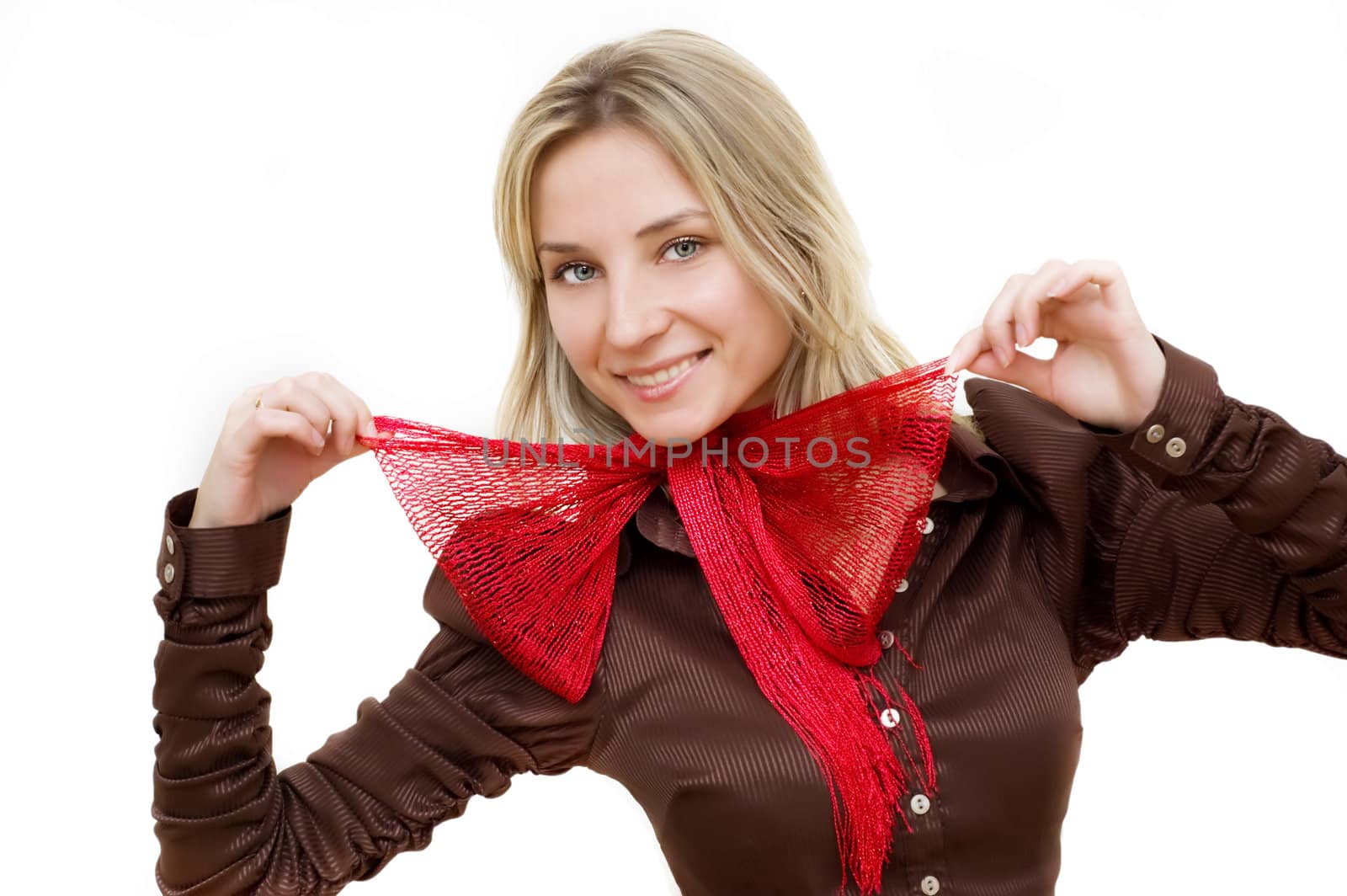 Funny blond girl wit red bow isolated on white