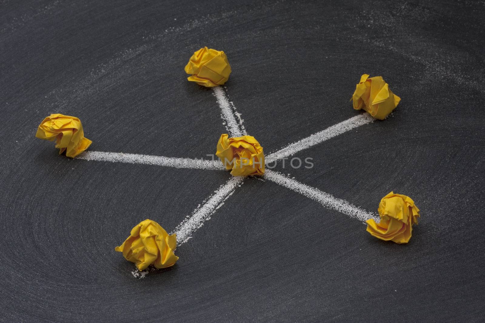 model of star (hub and spokes) network with a central node made with yellow crumbled paper nodes, white chalk connection lines and blackboard with eraser smudges in background