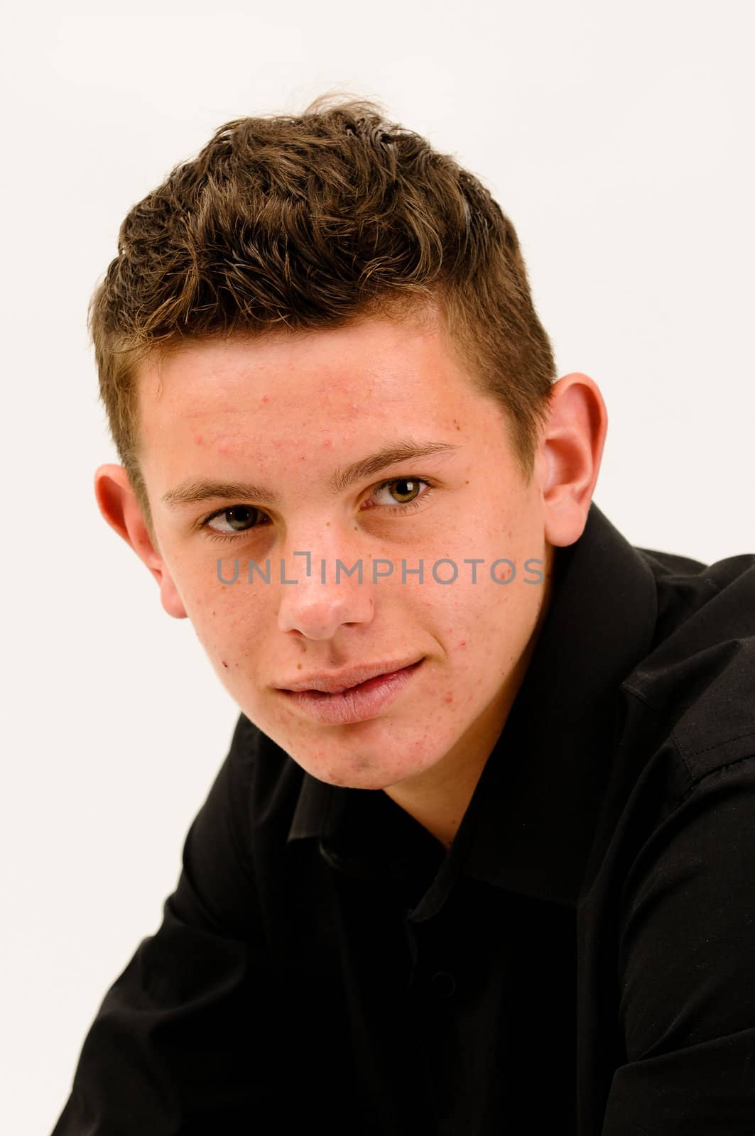 short haired teenager with bad skin and acne smiling by Ansunette