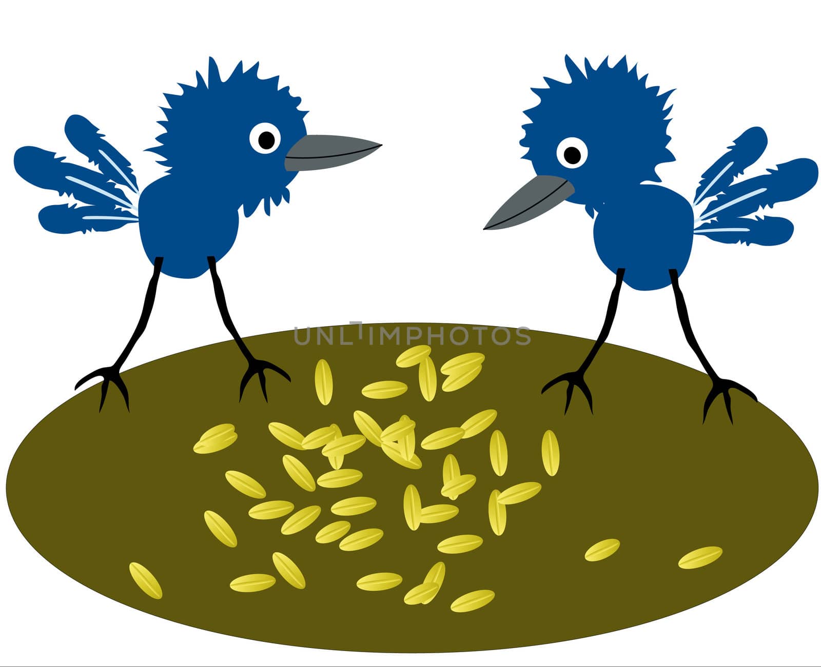 Two birdies pecking spilt grain