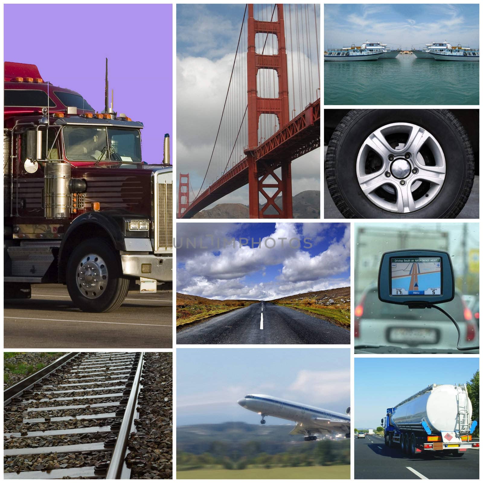 Transport themed collage or collection with different types of transport: trucks, airplane, car, boat, train.