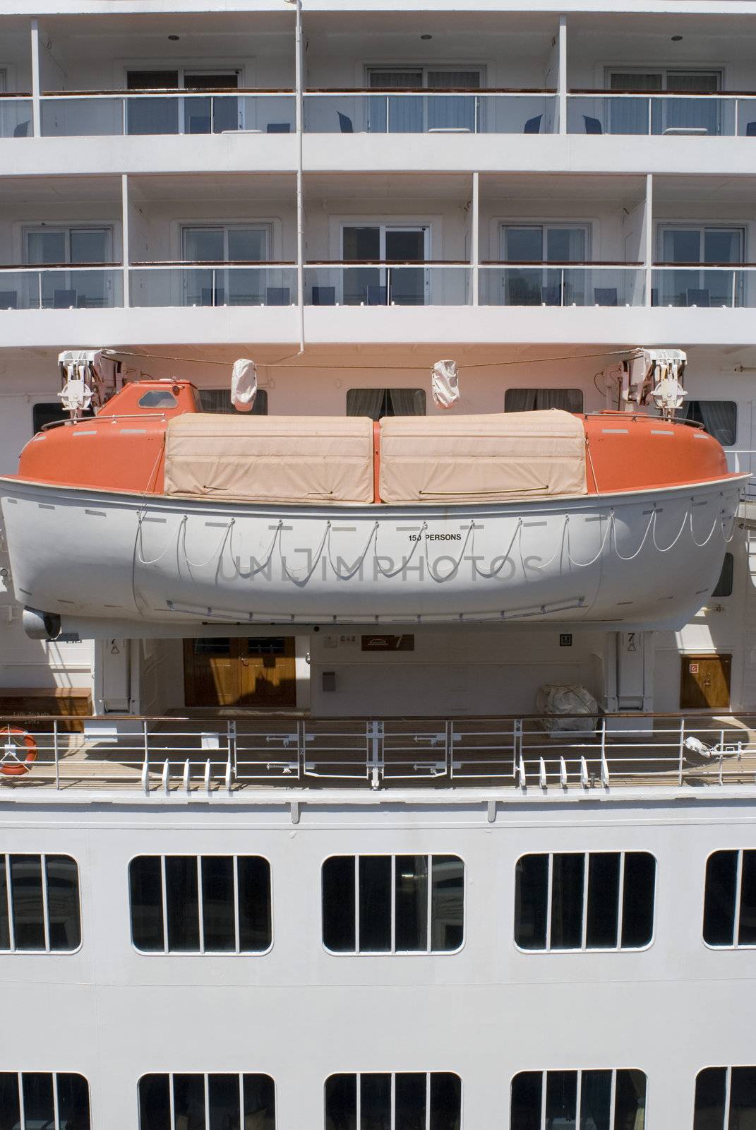 A cruise ship lifeboat, concept of a safe haven or a backup plan