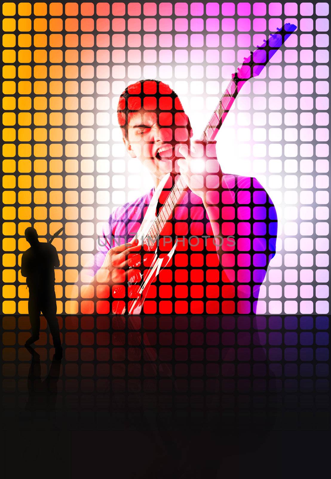 Abstract illustration of a backlit guitar player standing in front of a screen of himself while playing on stage.