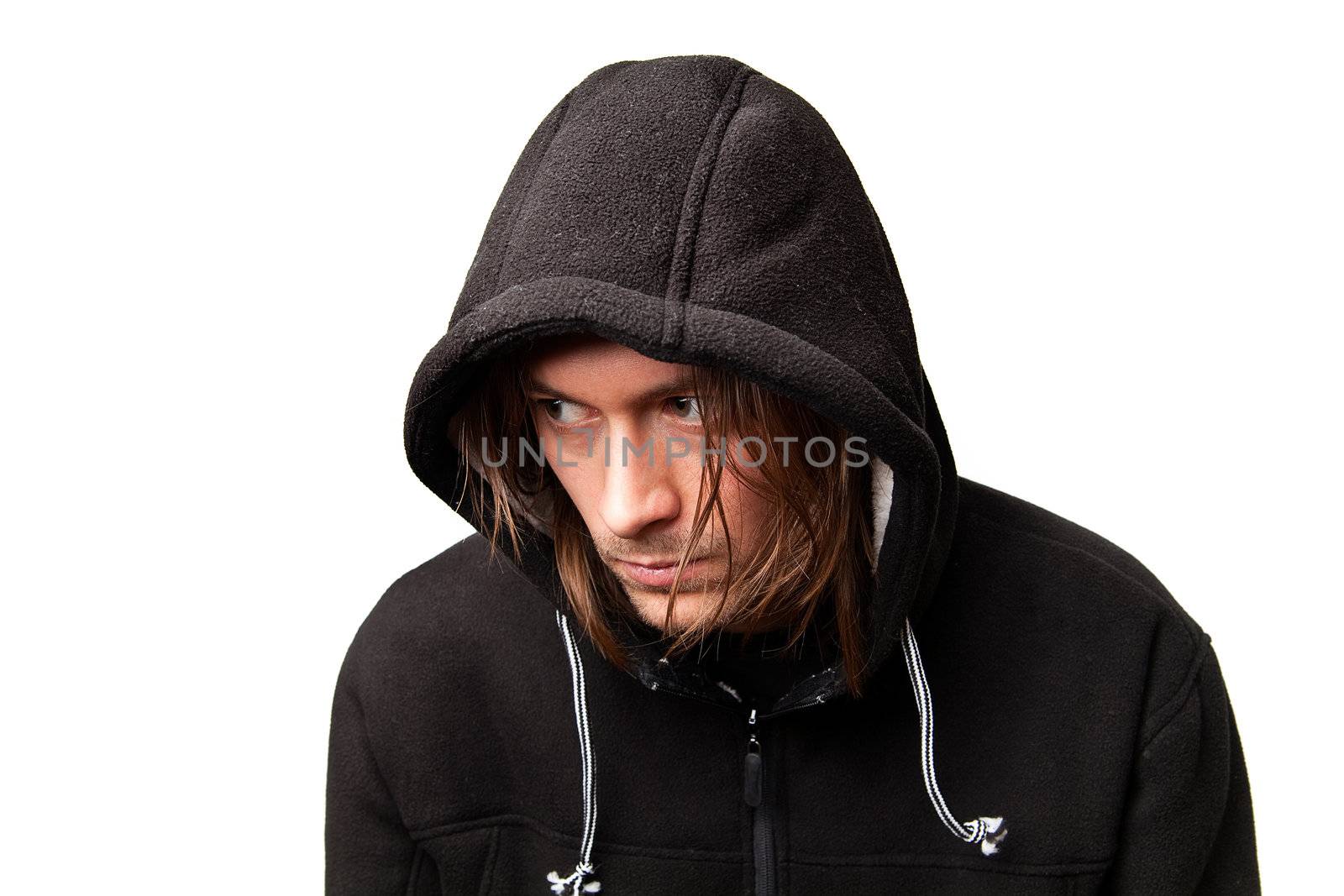 evil guy in a hood on white background