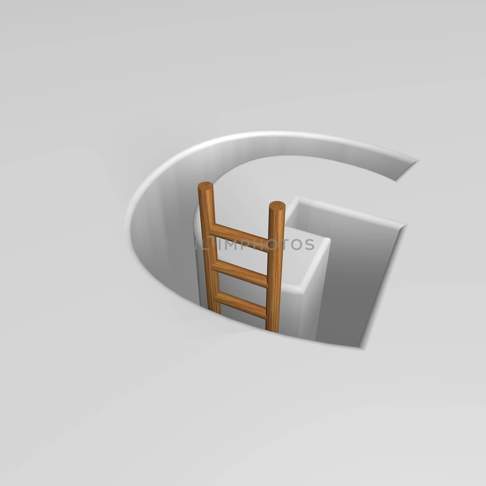 uppercase letter g shape hole with ladder - 3d illustration