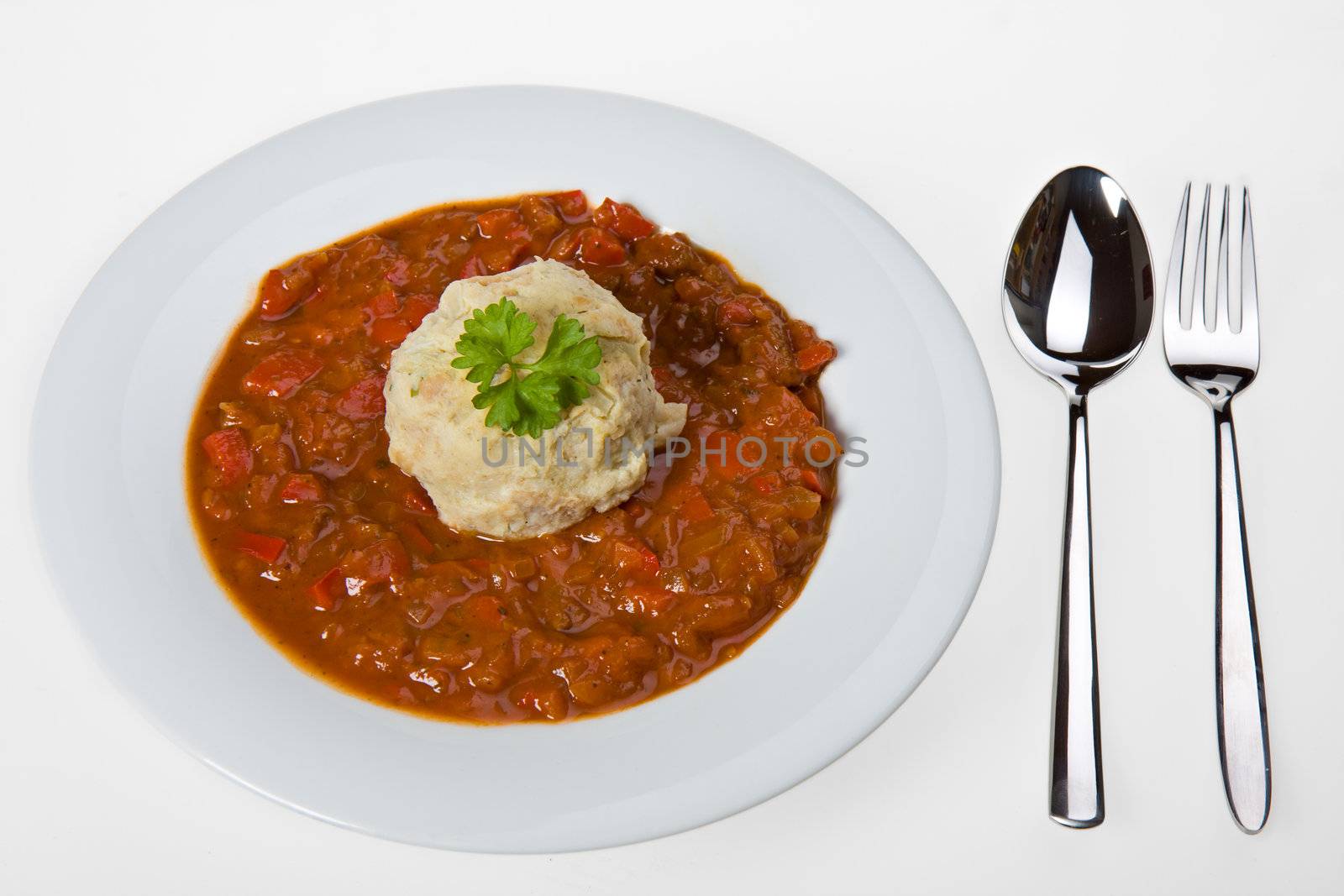 hungarian goulash and a bread dumpling on a white plate