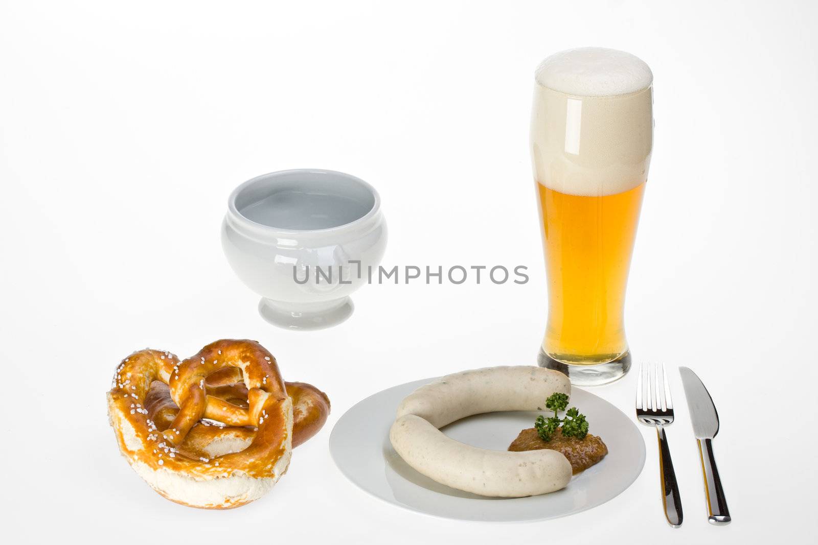 bavarian white sausage, wheat beer and pretzel by bernjuer