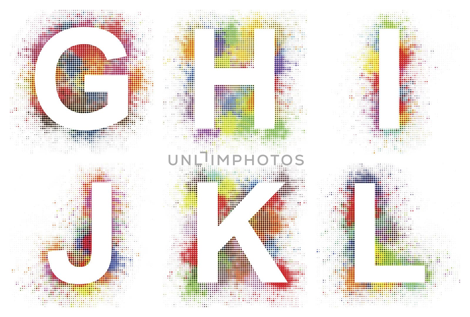 Colorful halftone alphabet. Letters from G to L.