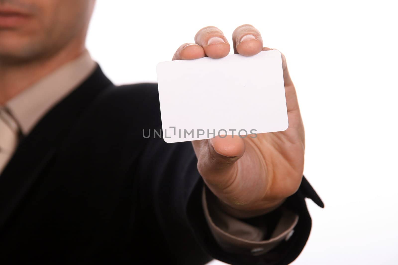 businessman with white card in studio