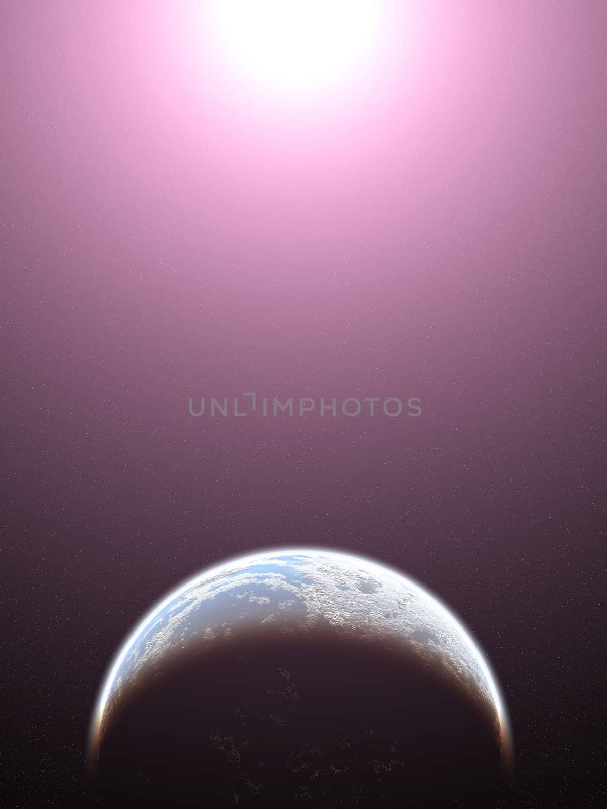 Computer generated image of a star and a planet with life.