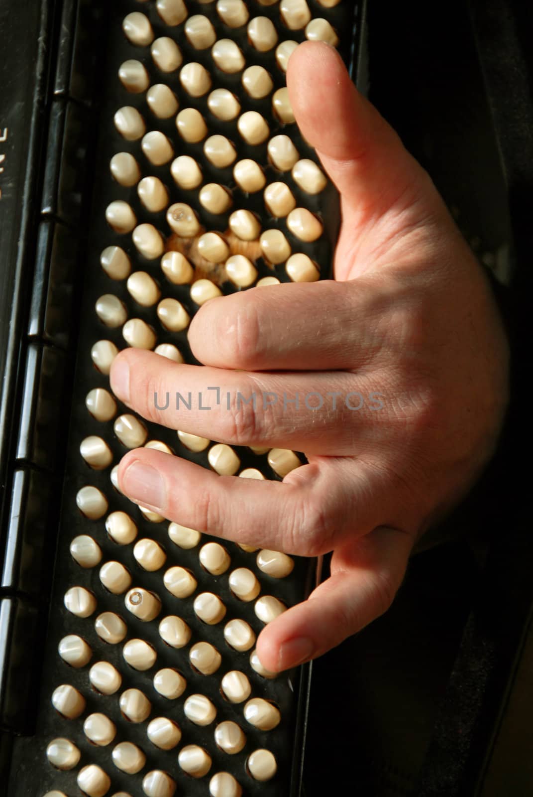 musician hand playing accordion closeup in dramatic shadows