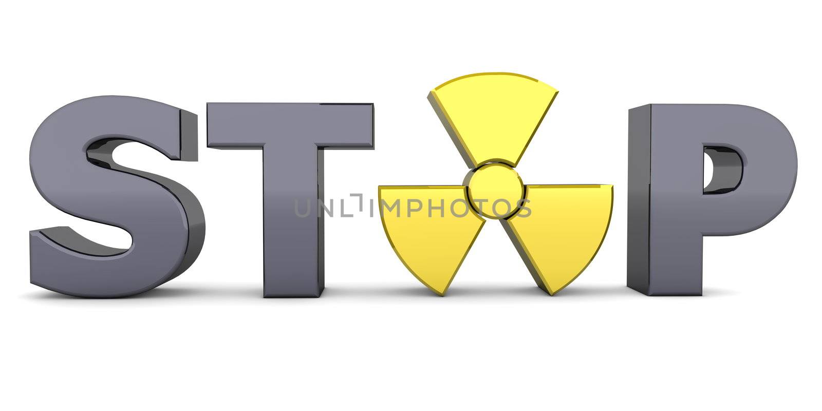 shiny black word STOP - a shiny yellow nuclear sign is replacing the letter O