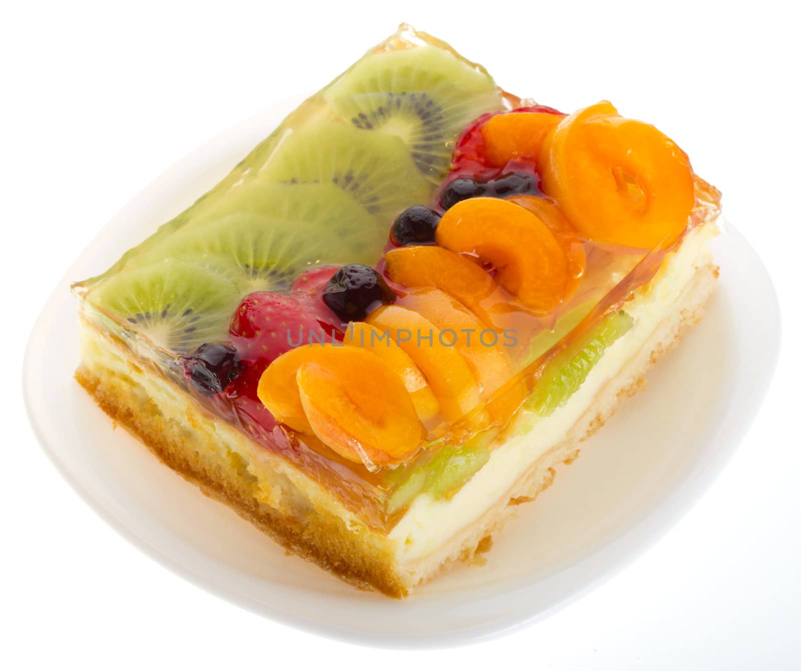 close-up curd cake with fruits and berries, isolated on white