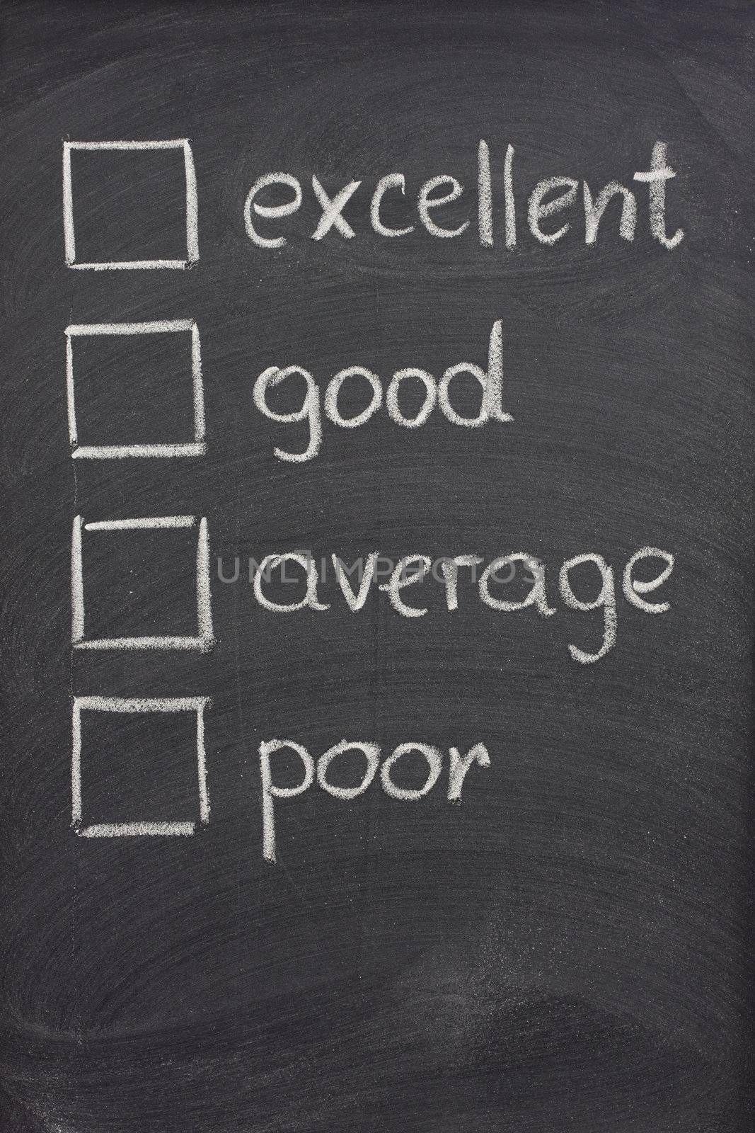 customer survey or poll (excellent, good, average, poor) with check boxes sketched with white chalk on blackboard with eraser smudges