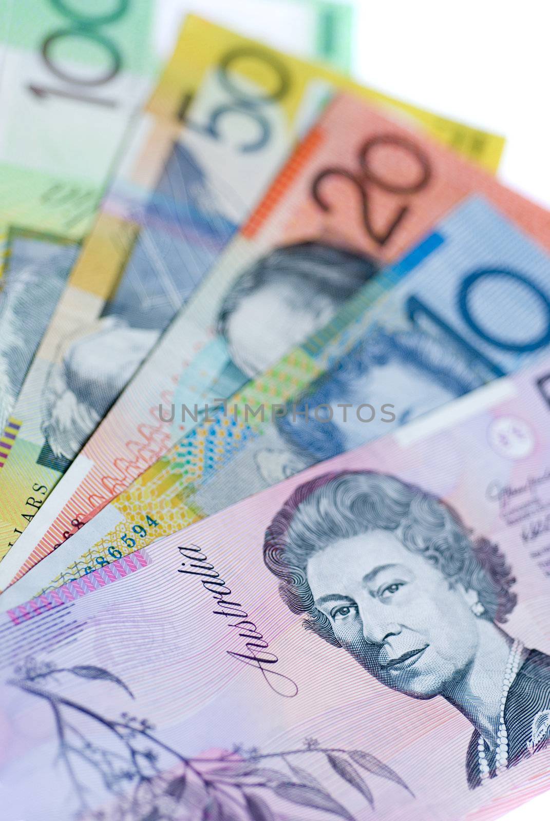 Five different denominations of Australian dollar notes