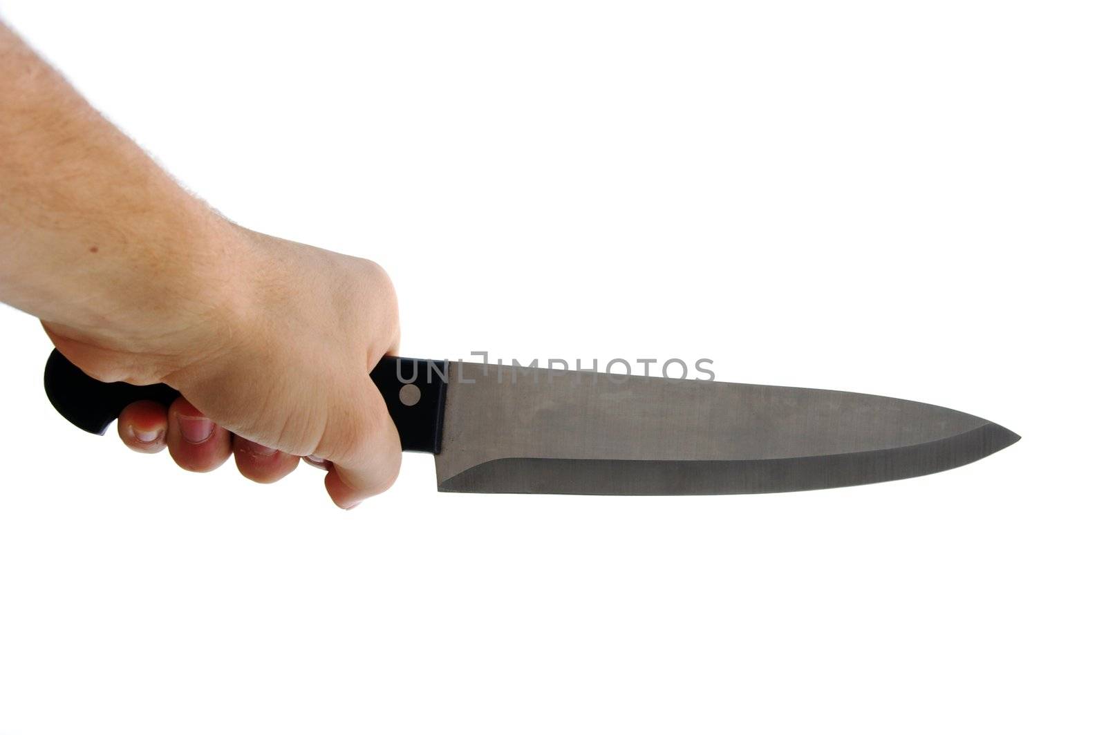 Human hand holding a knife isolated on white