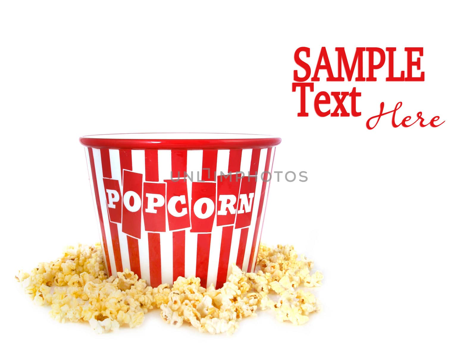 Red Popcorn Ceramic Container Surrounded by Pop Corn With Copy Space