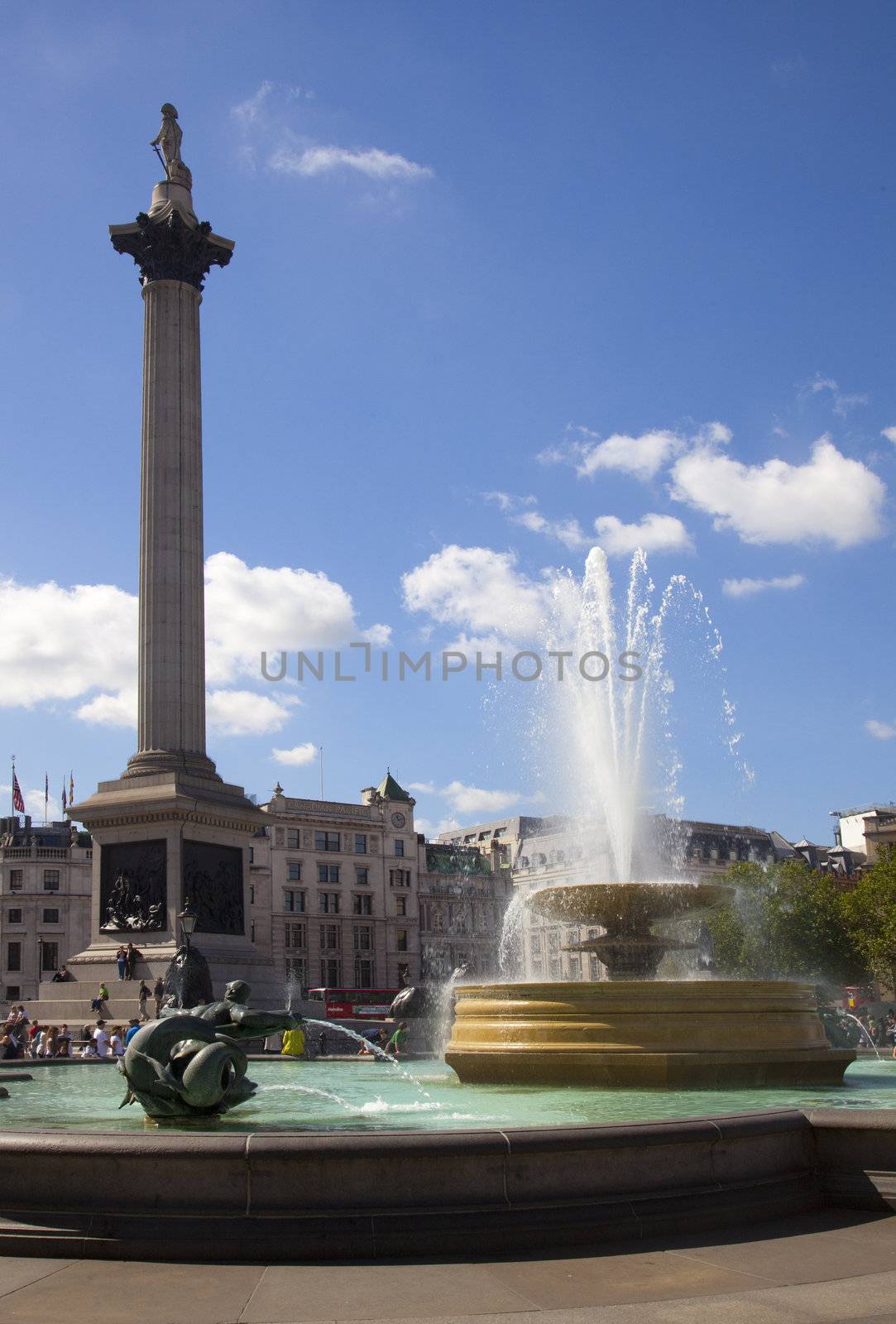 A view of Nelson's Column and the fountains in Trafalgar Square. London.