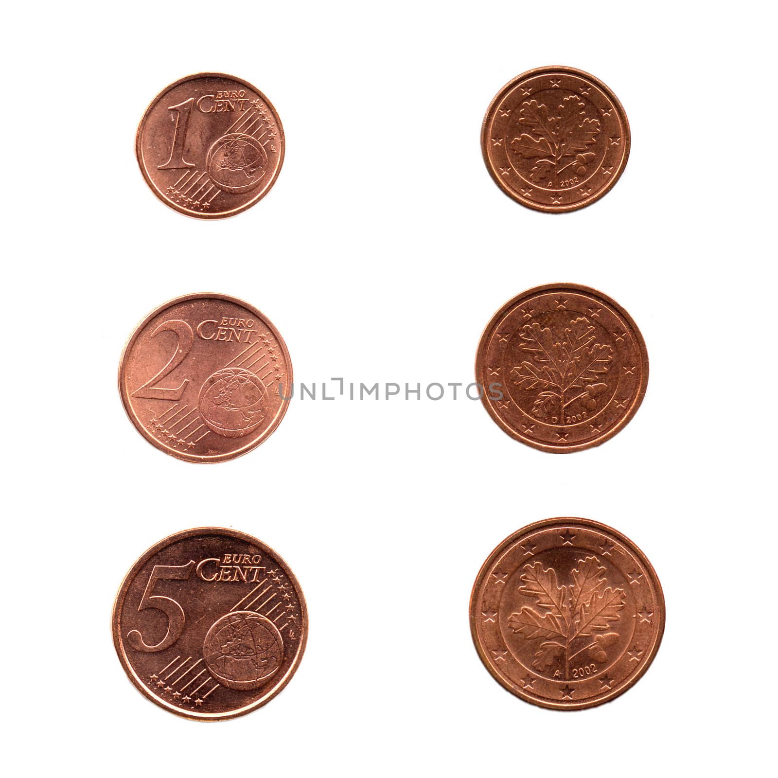 Range of Euro cents coins isolated on white