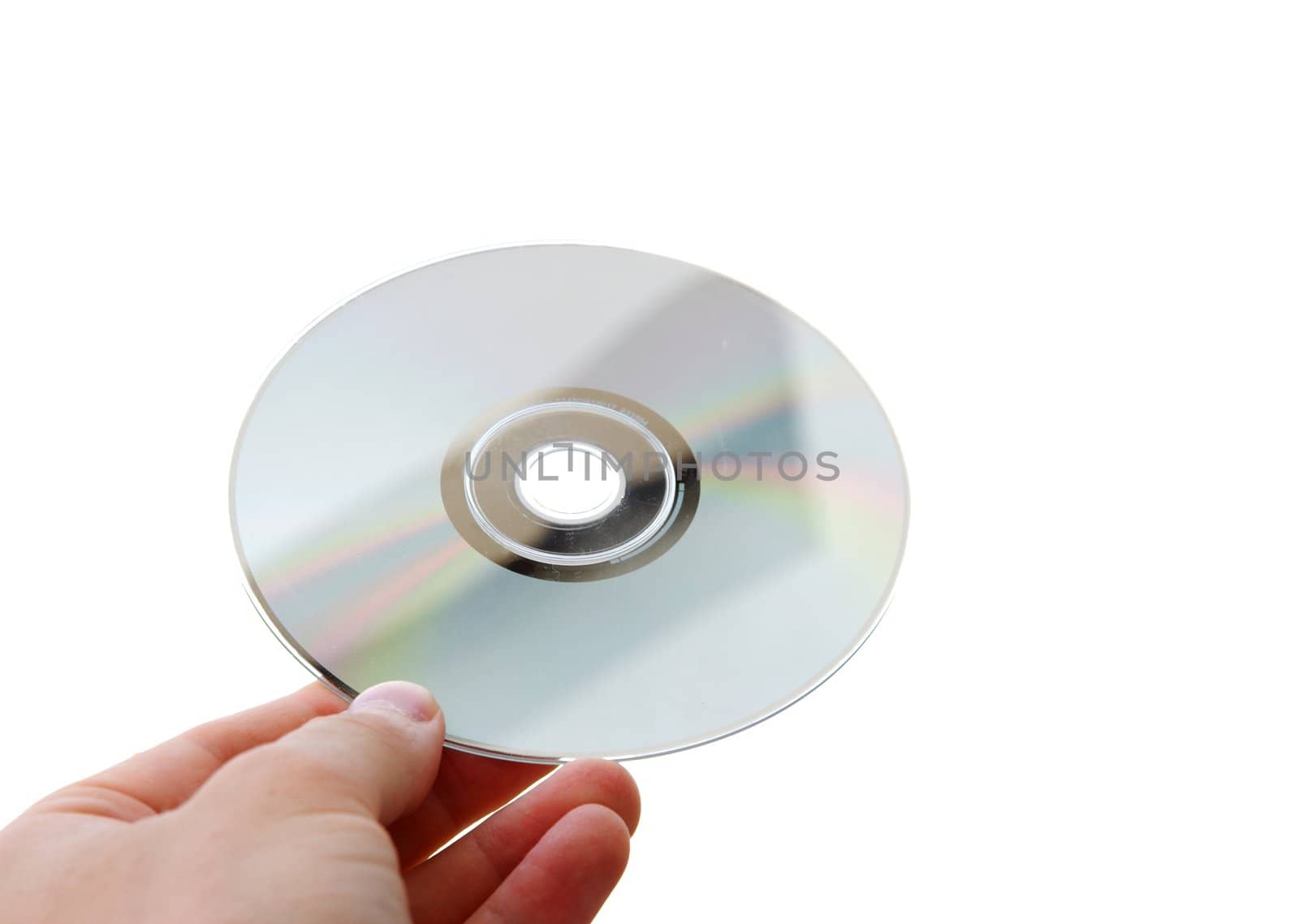 Compact disc n a human hand isolated on white