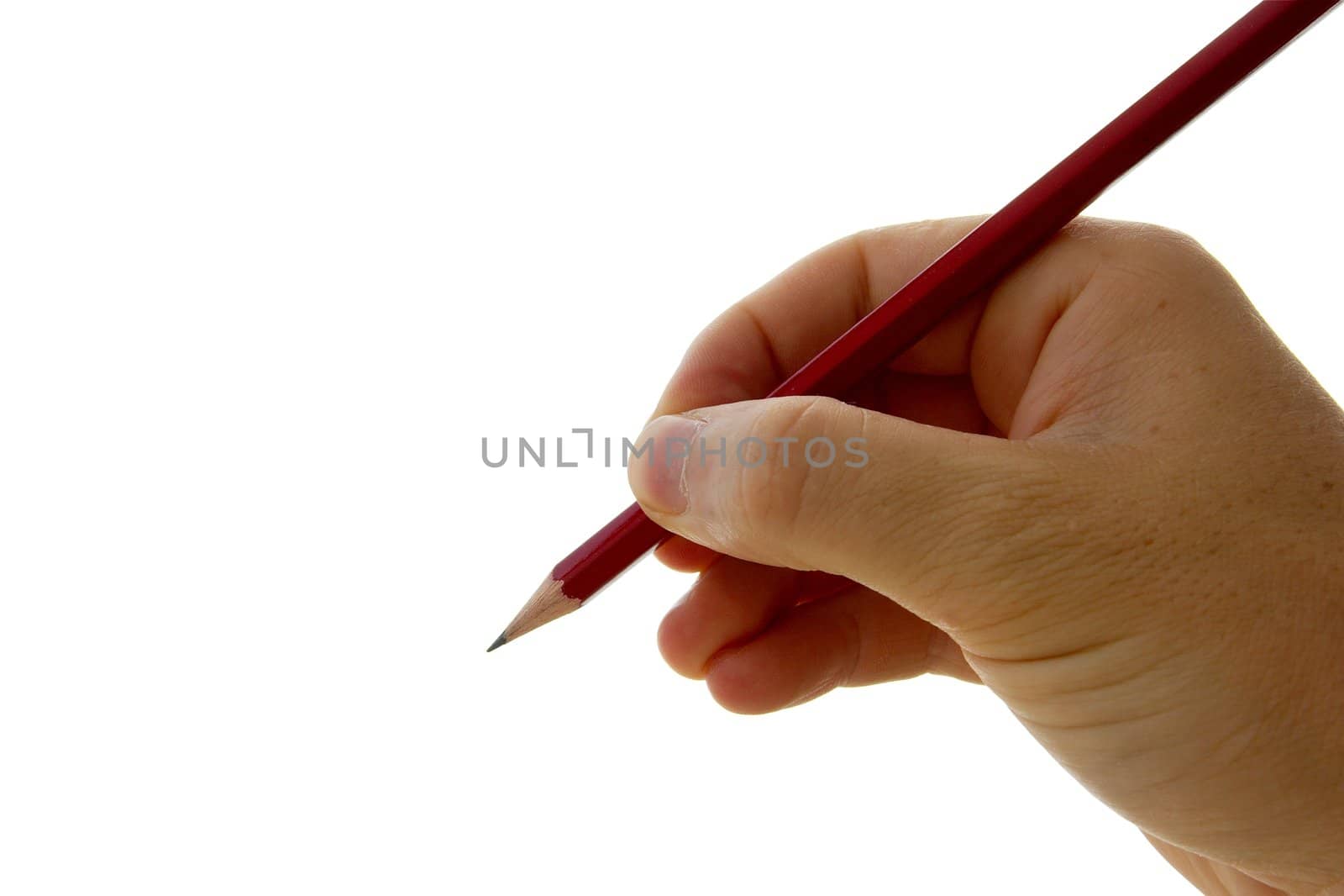 Hand holding a sharp pencil isolated on white