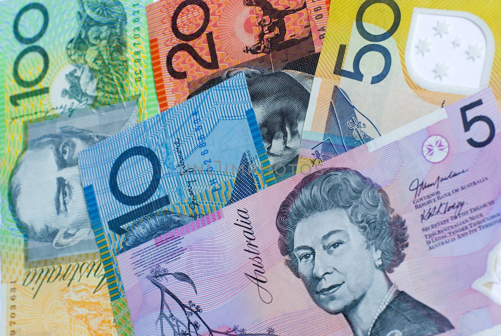 Five different denominations of Australian dollar notes