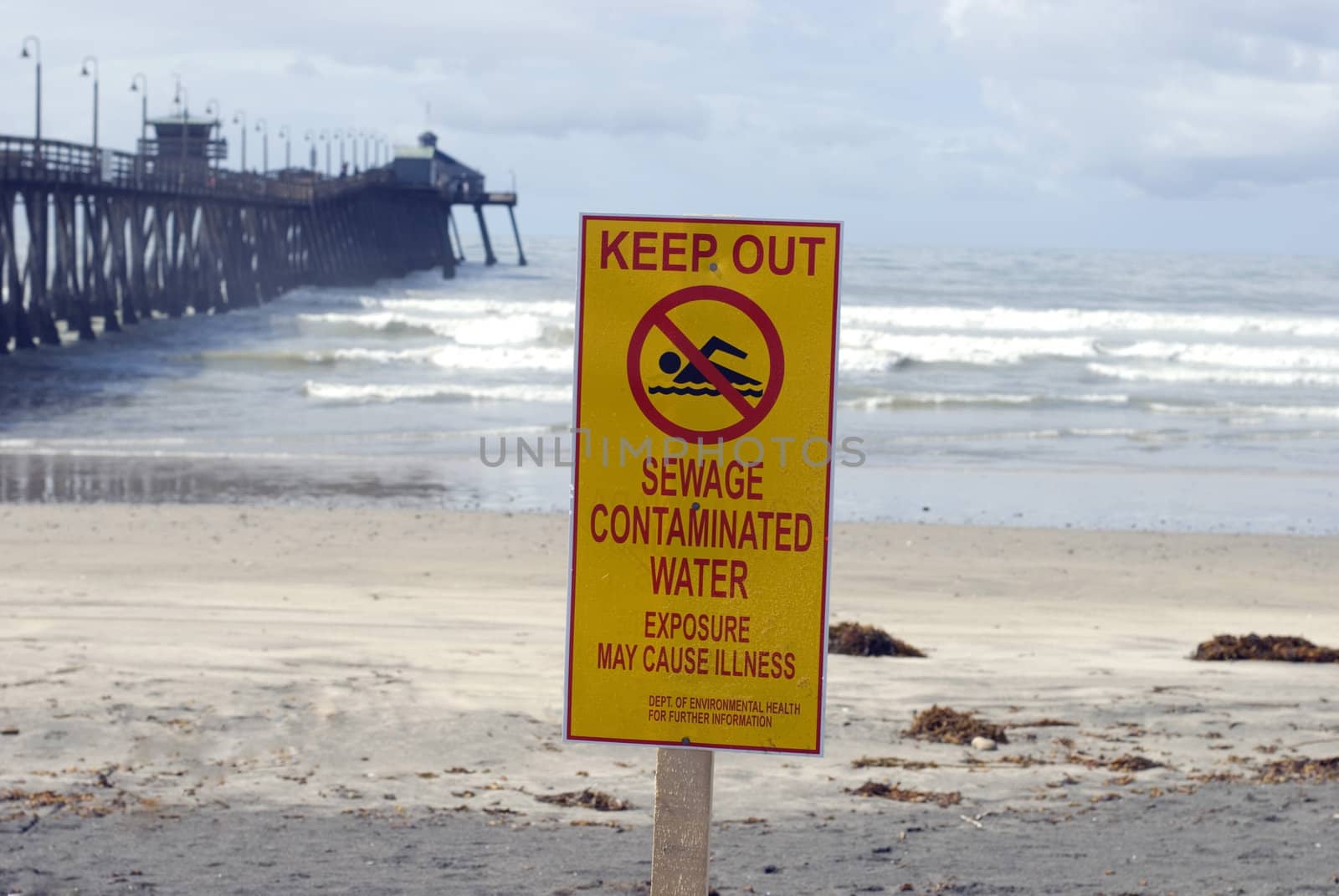 A warning sign for polluted water, Imperial Beach, California