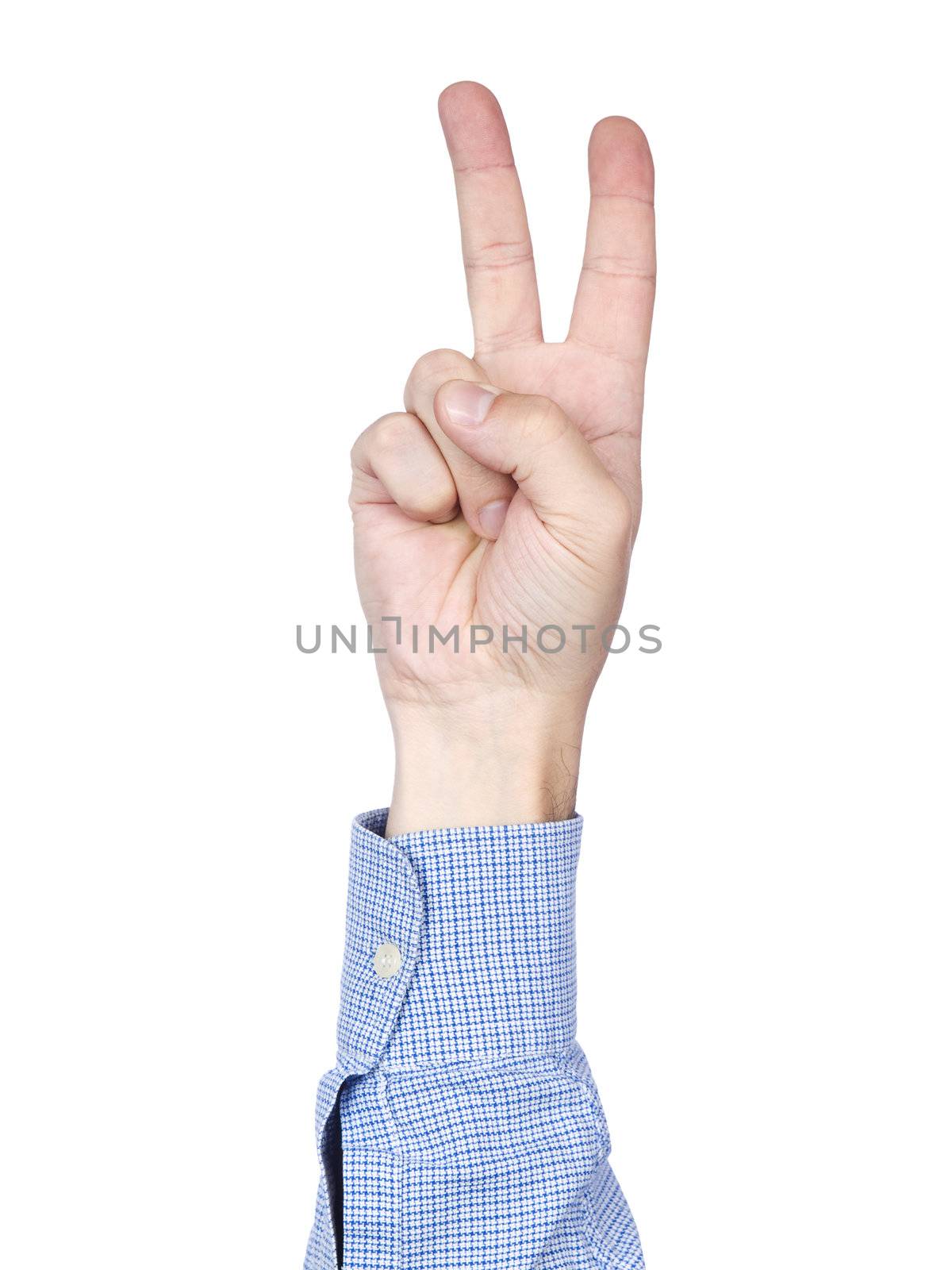 A man's hand doing number 2 gesture, isolated on white background.