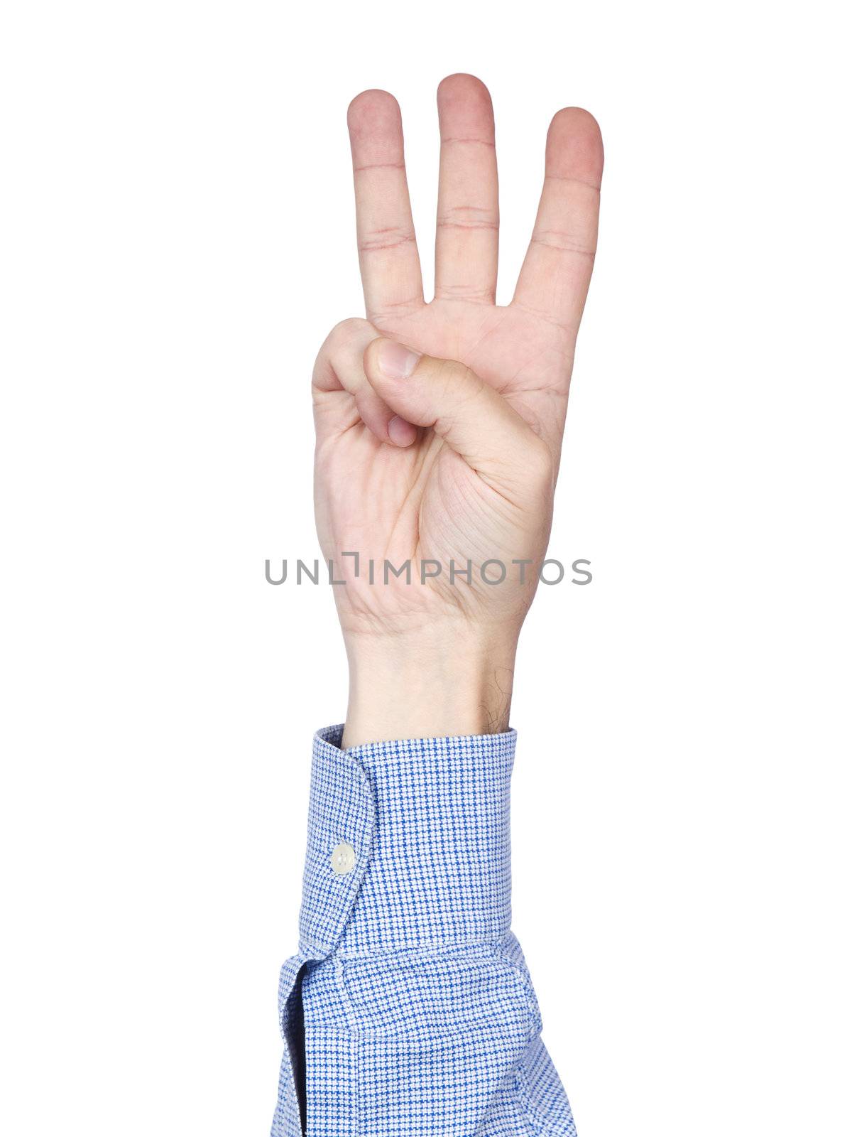 A man's hand doing number 3 gesture, isolated on white background.