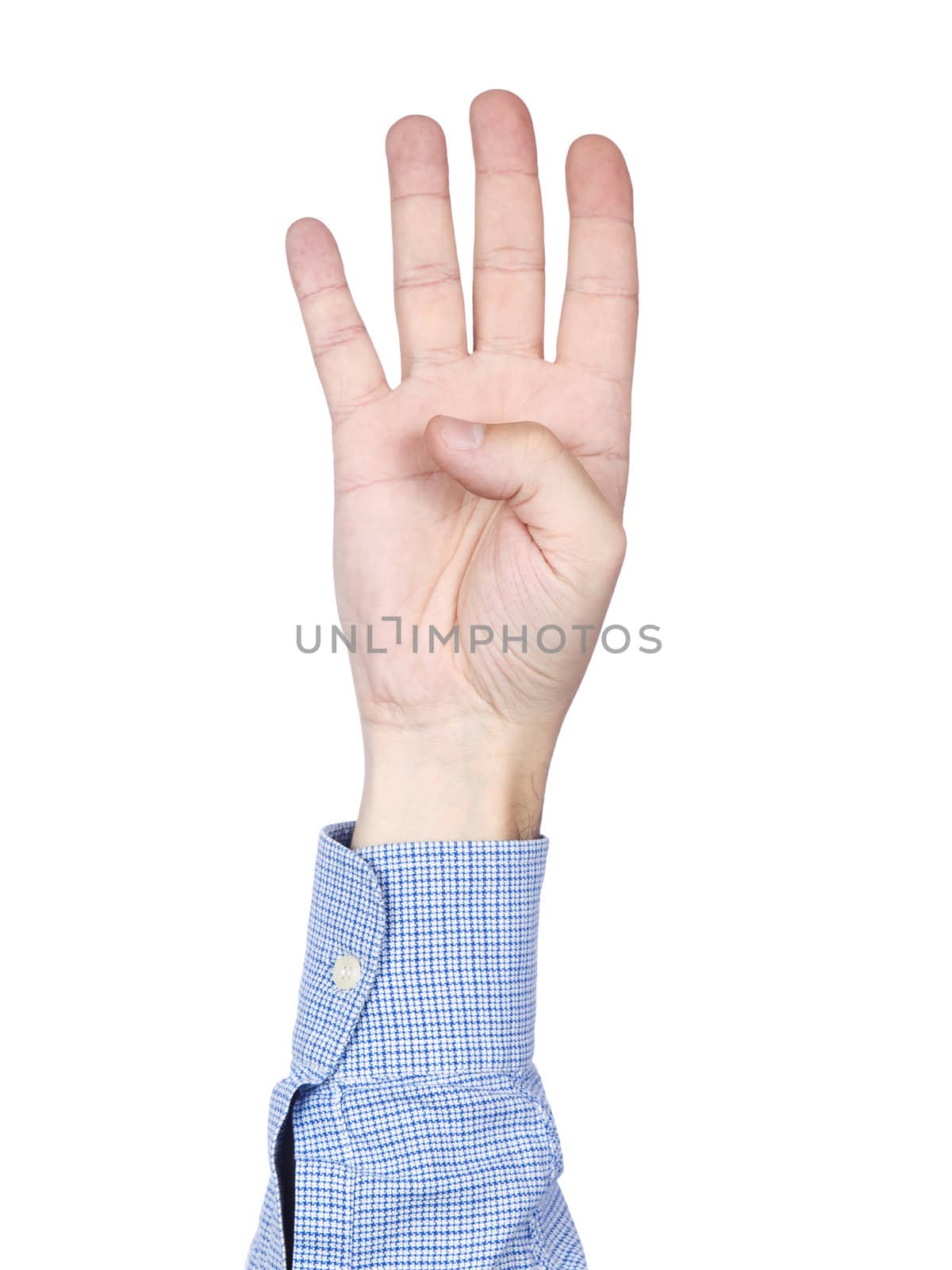 A man's hand doing number 4 gesture, isolated on white background.