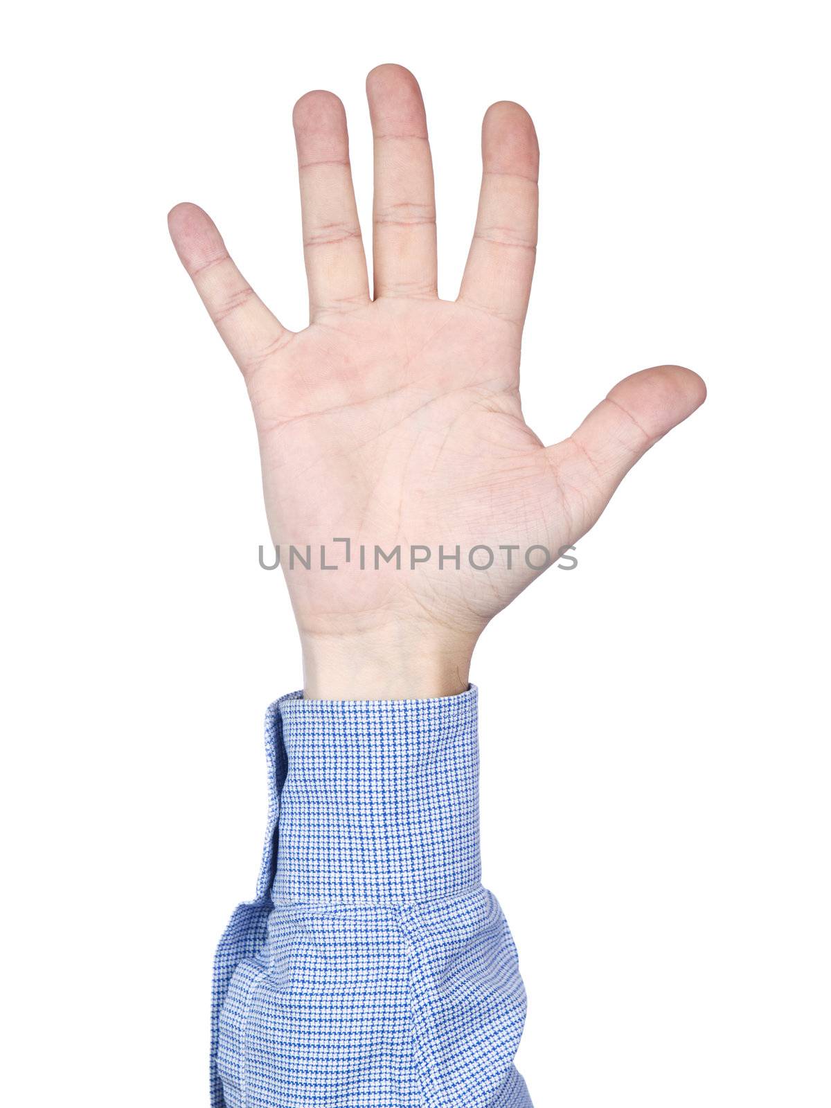 A man's hand doing number 5 gesture, isolated on white background.